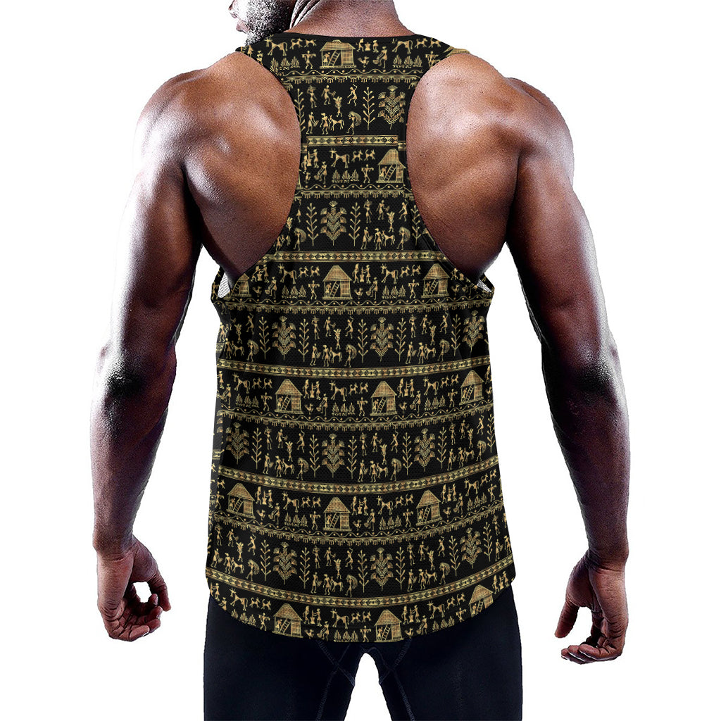 Black And Gold Warli Pattern Print Training Tank Top