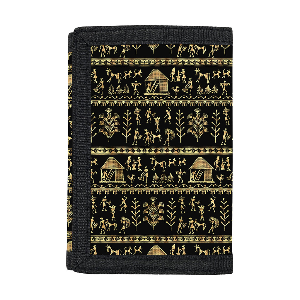 Black And Gold Warli Pattern Print Trifold Wallet