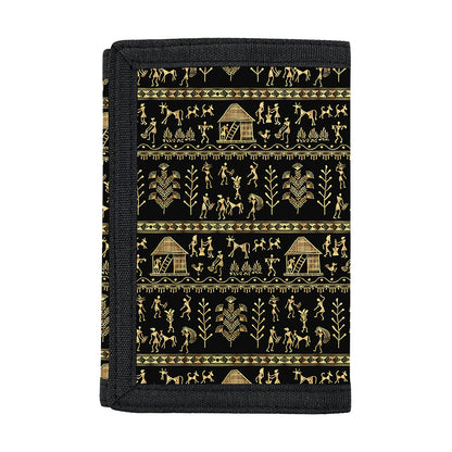 Black And Gold Warli Pattern Print Trifold Wallet
