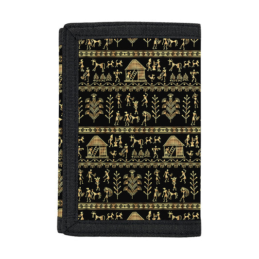 Black And Gold Warli Pattern Print Trifold Wallet