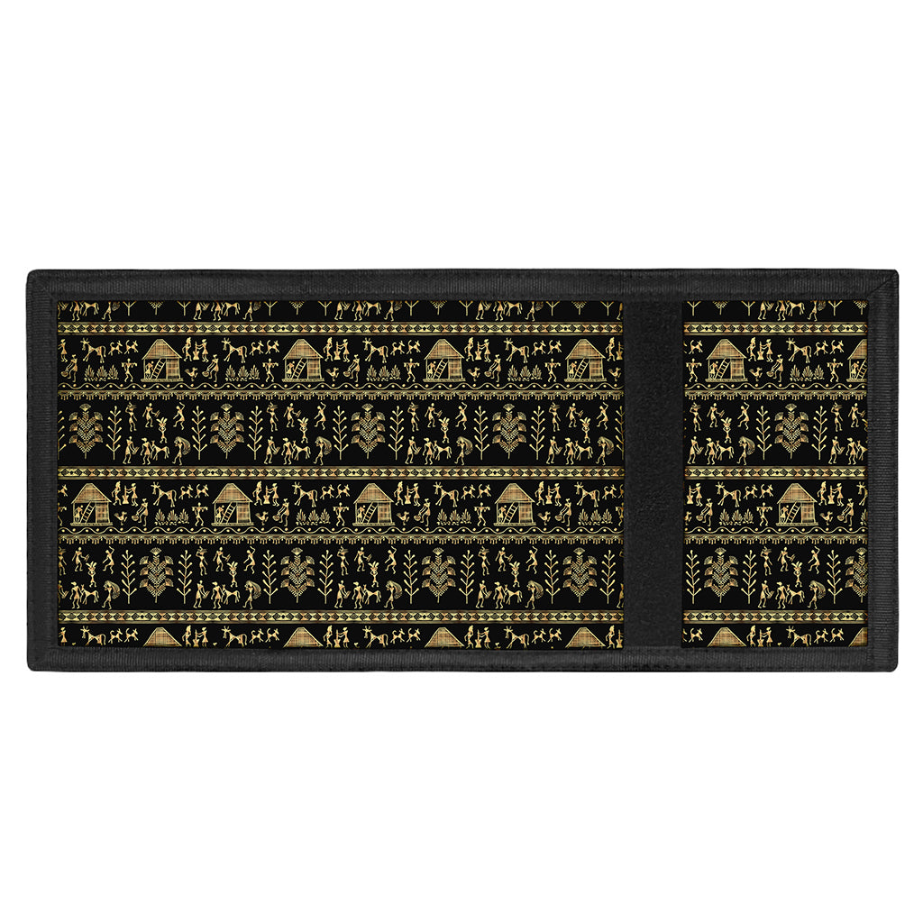 Black And Gold Warli Pattern Print Trifold Wallet