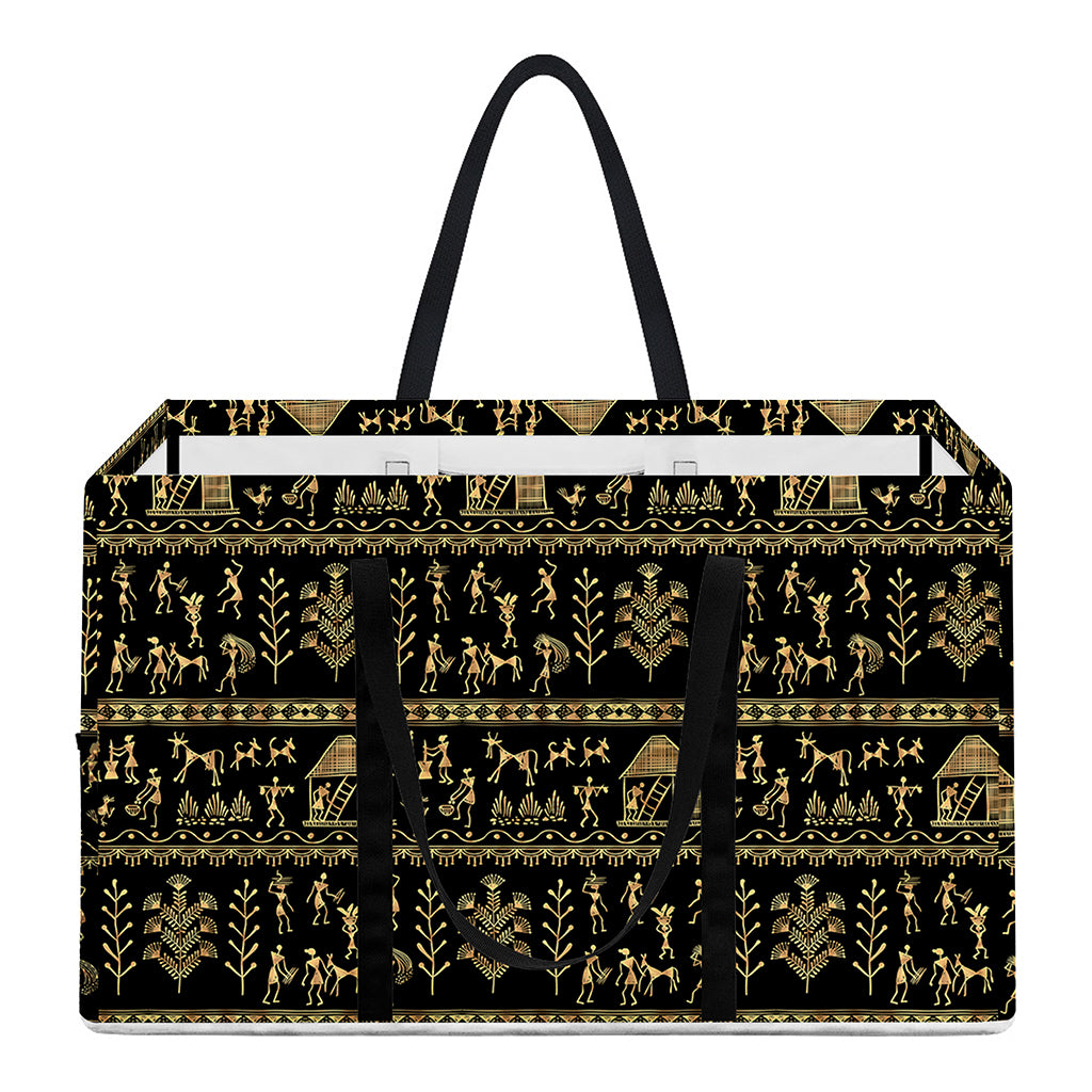Black And Gold Warli Pattern Print Utility Tote Bag