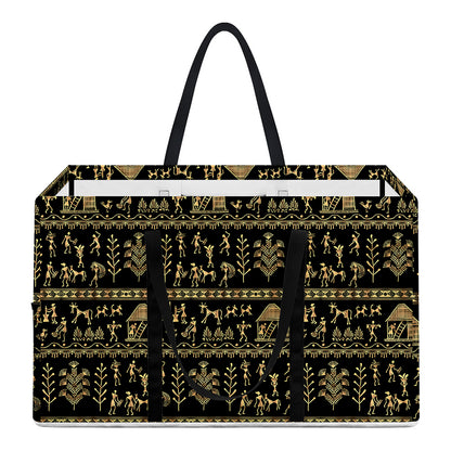Black And Gold Warli Pattern Print Utility Tote Bag
