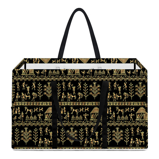 Black And Gold Warli Pattern Print Utility Tote Bag