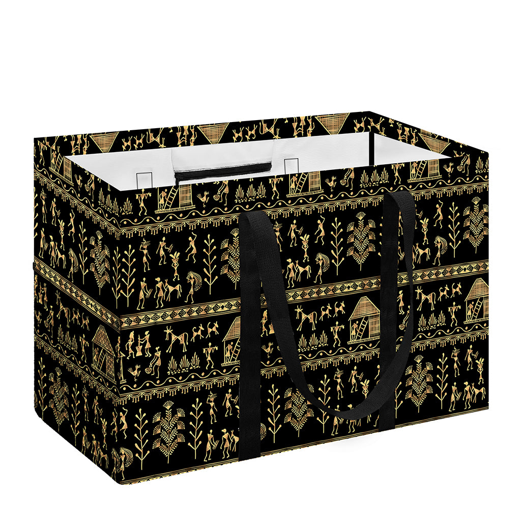 Black And Gold Warli Pattern Print Utility Tote Bag