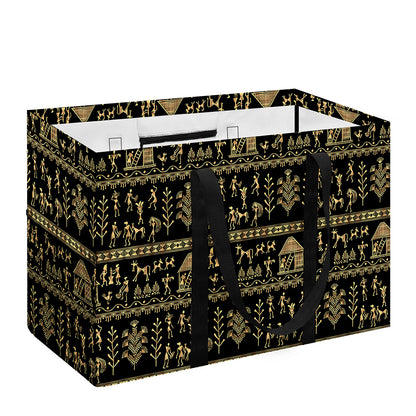 Black And Gold Warli Pattern Print Utility Tote Bag