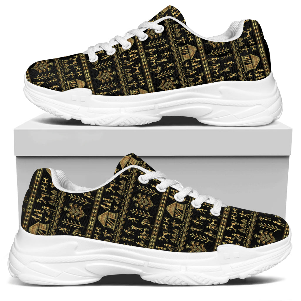 Black And Gold Warli Pattern Print White Chunky Shoes