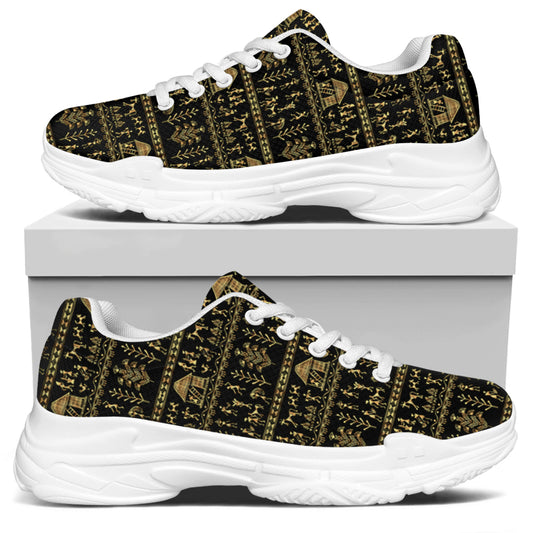 Black And Gold Warli Pattern Print White Chunky Shoes