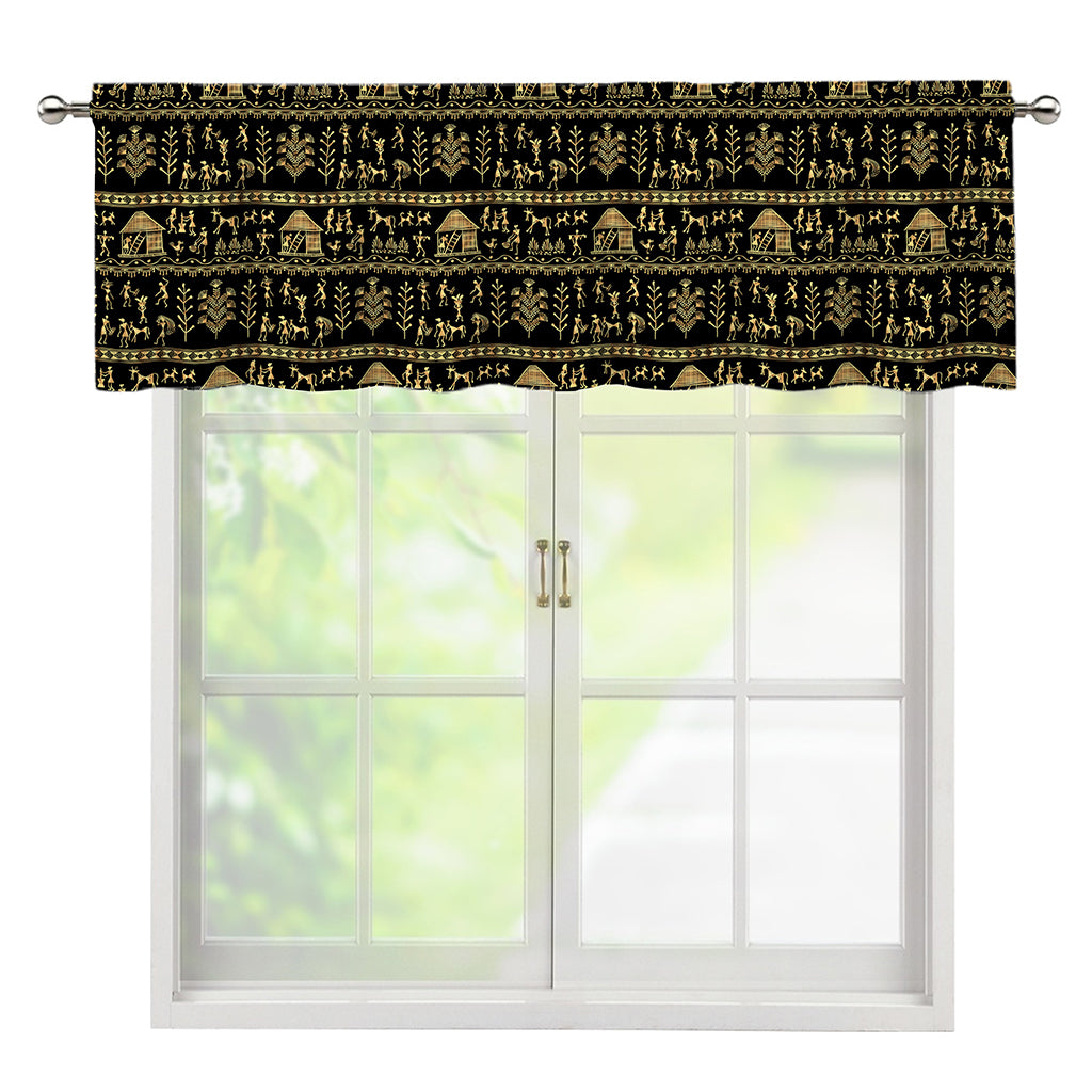 Black And Gold Warli Pattern Print Window Valance