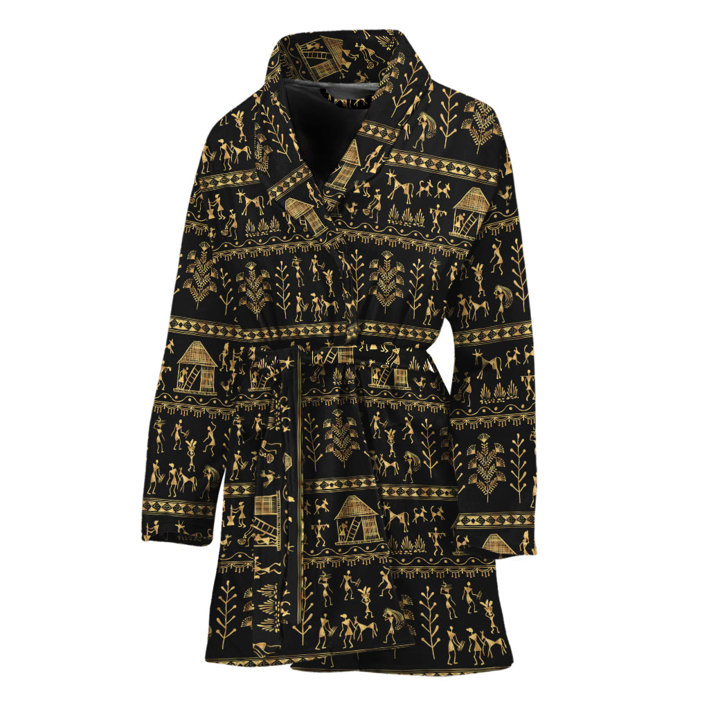 Black And Gold Warli Pattern Print Women's Bathrobe