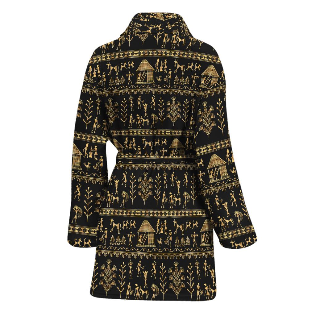 Black And Gold Warli Pattern Print Women's Bathrobe