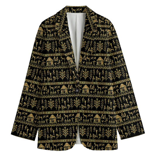 Black And Gold Warli Pattern Print Women's Blazer