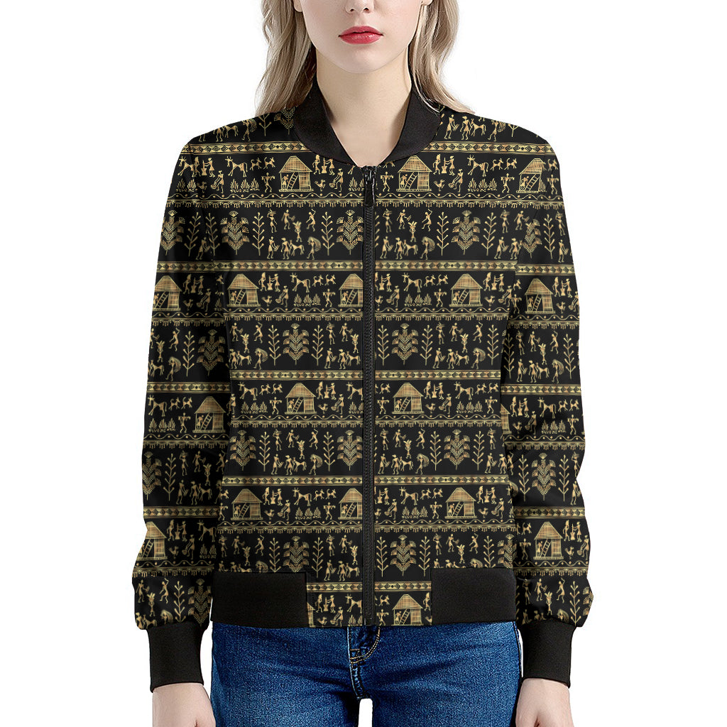 Black And Gold Warli Pattern Print Women's Bomber Jacket