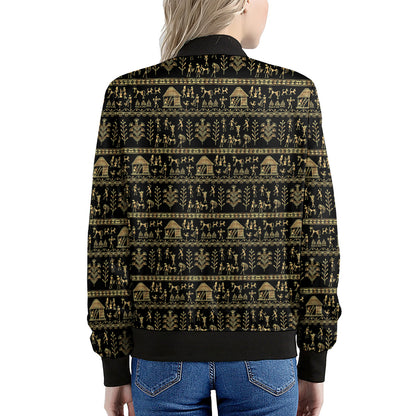Black And Gold Warli Pattern Print Women's Bomber Jacket