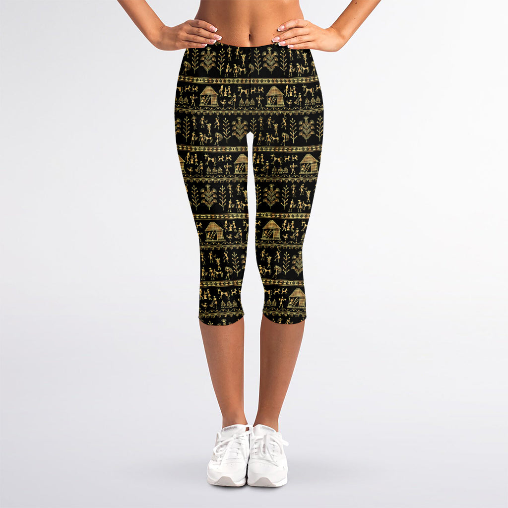 Black And Gold Warli Pattern Print Women's Capri Leggings