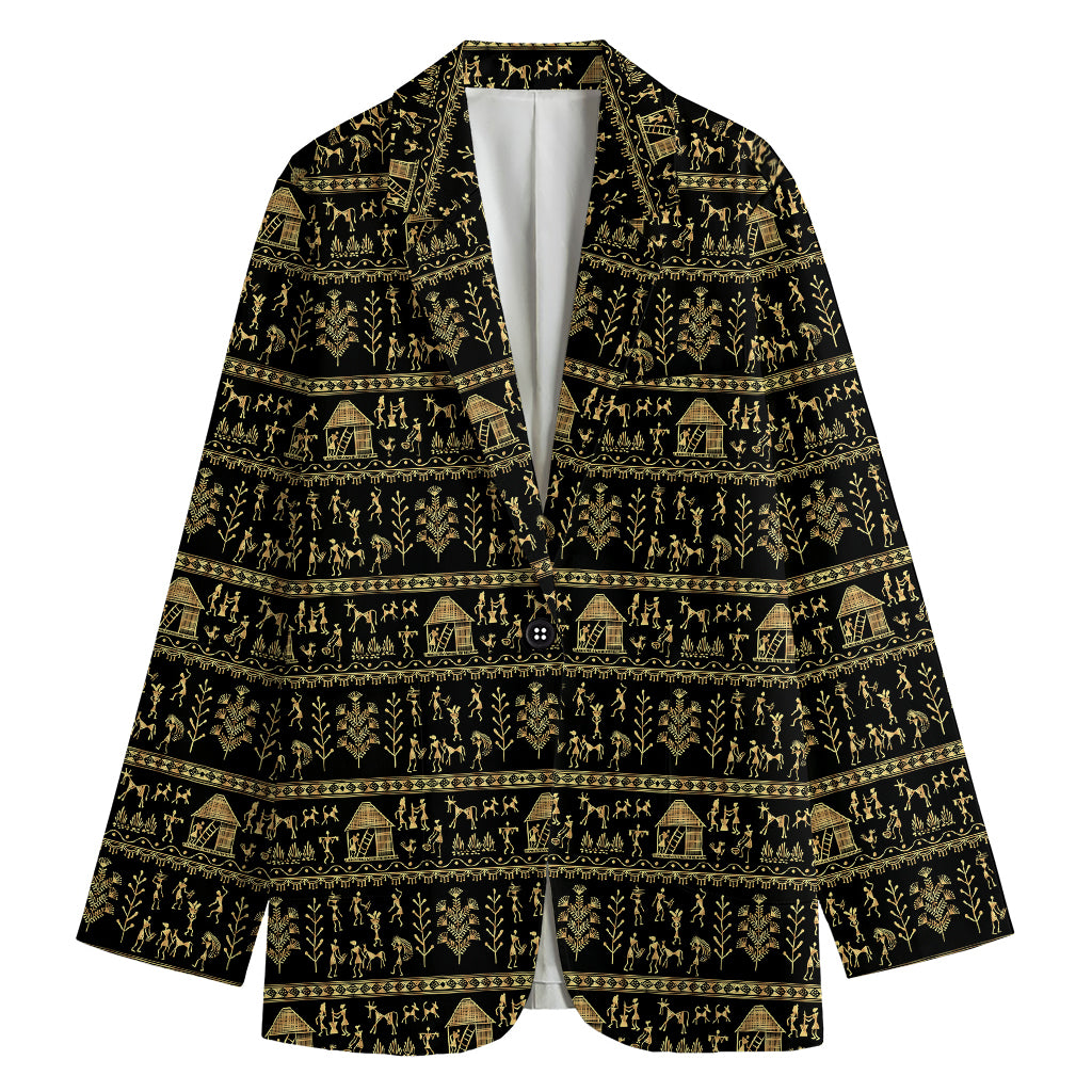 Black And Gold Warli Pattern Print Women's Cotton Blazer
