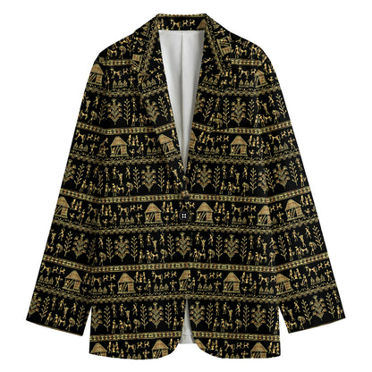 Black And Gold Warli Pattern Print Women's Cotton Blazer