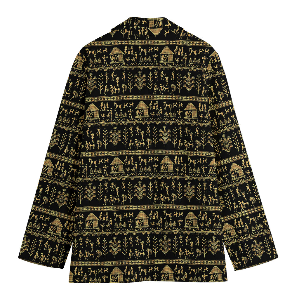 Black And Gold Warli Pattern Print Women's Cotton Blazer