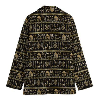 Black And Gold Warli Pattern Print Women's Cotton Blazer