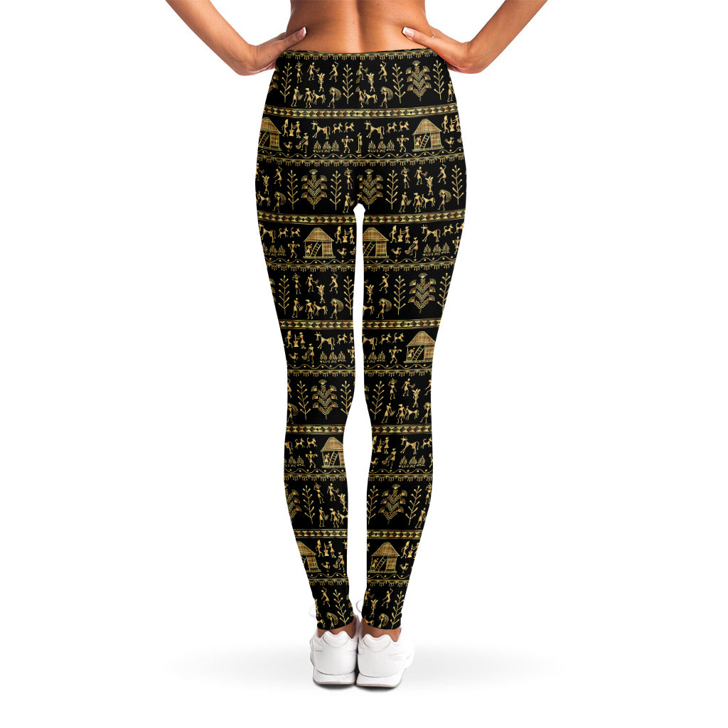 Black And Gold Warli Pattern Print Women's Leggings