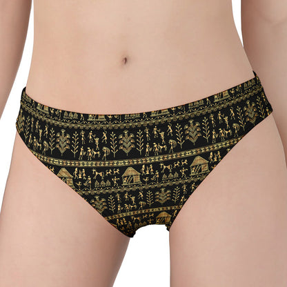 Black And Gold Warli Pattern Print Women's Panties