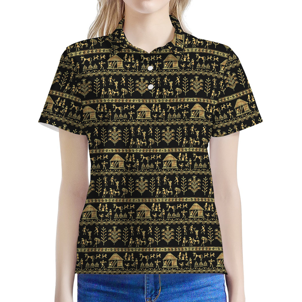 Black And Gold Warli Pattern Print Women's Polo Shirt
