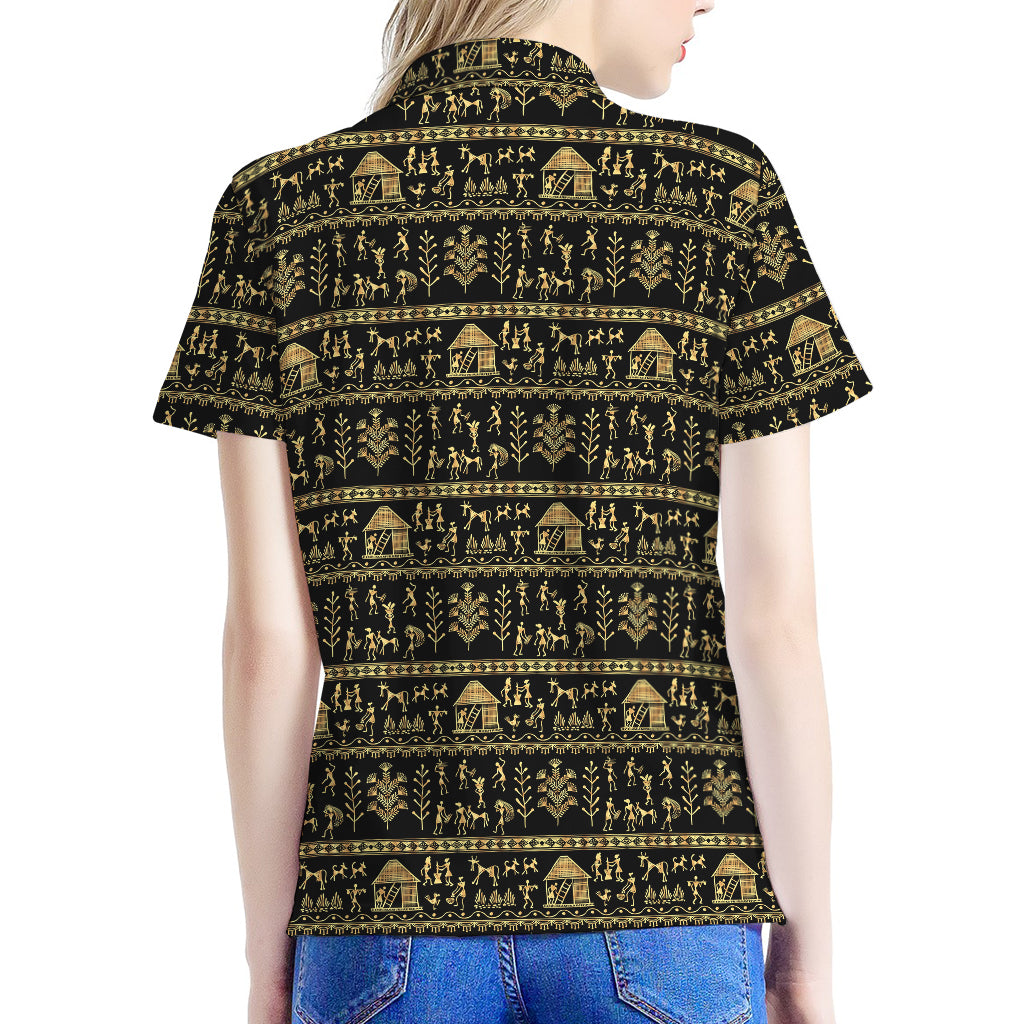 Black And Gold Warli Pattern Print Women's Polo Shirt