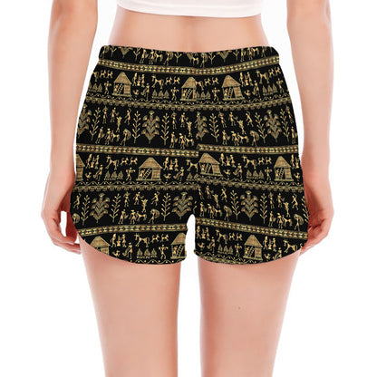 Black And Gold Warli Pattern Print Women's Split Running Shorts