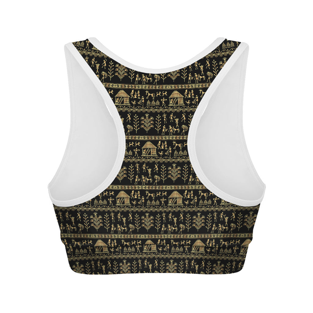 Black And Gold Warli Pattern Print Women's Sports Bra