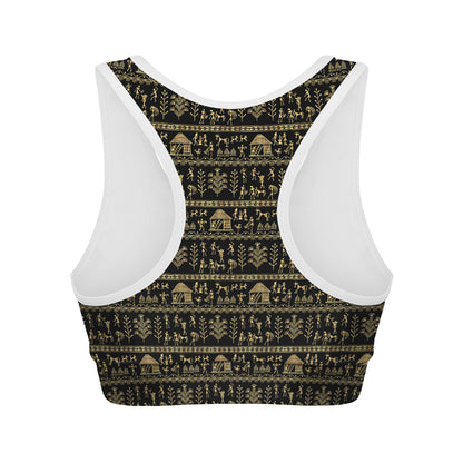 Black And Gold Warli Pattern Print Women's Sports Bra