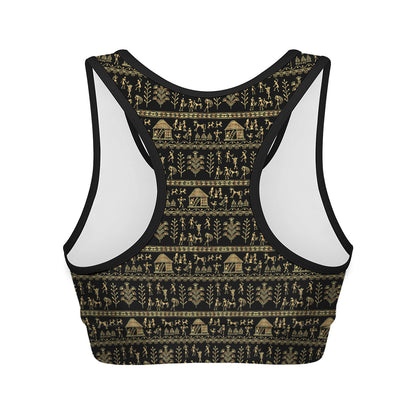 Black And Gold Warli Pattern Print Women's Sports Bra
