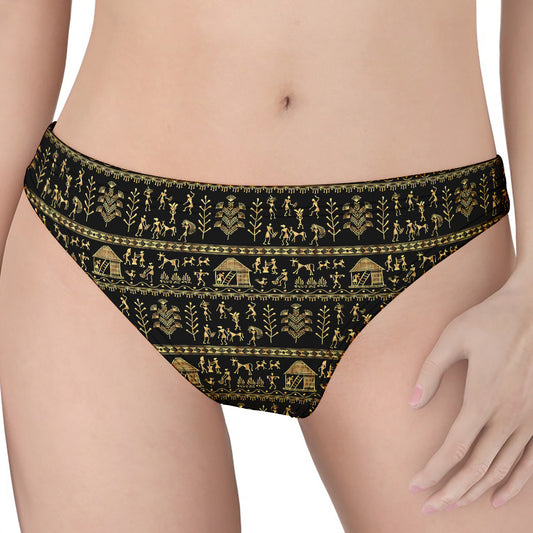 Black And Gold Warli Pattern Print Women's Thong