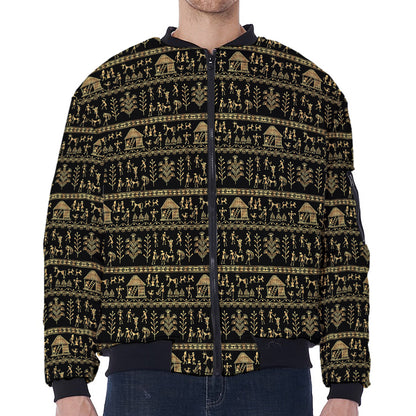 Black And Gold Warli Pattern Print Zip Sleeve Bomber Jacket