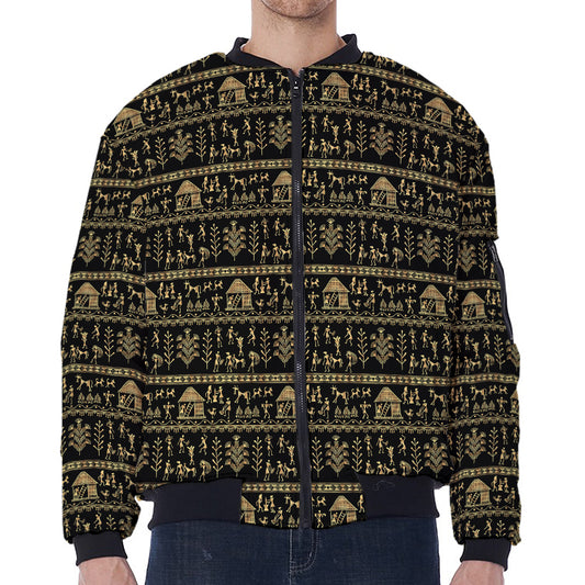 Black And Gold Warli Pattern Print Zip Sleeve Bomber Jacket