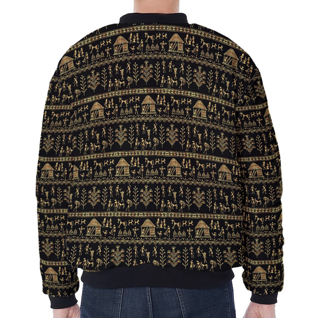 Black And Gold Warli Pattern Print Zip Sleeve Bomber Jacket