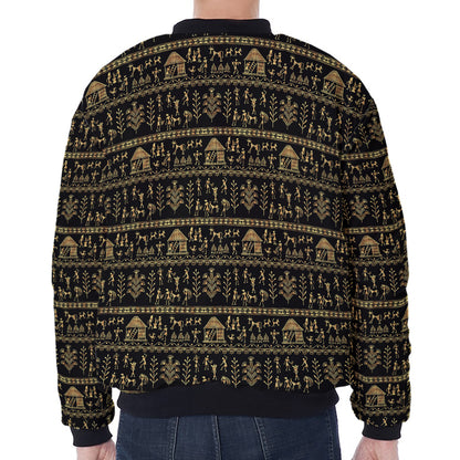 Black And Gold Warli Pattern Print Zip Sleeve Bomber Jacket