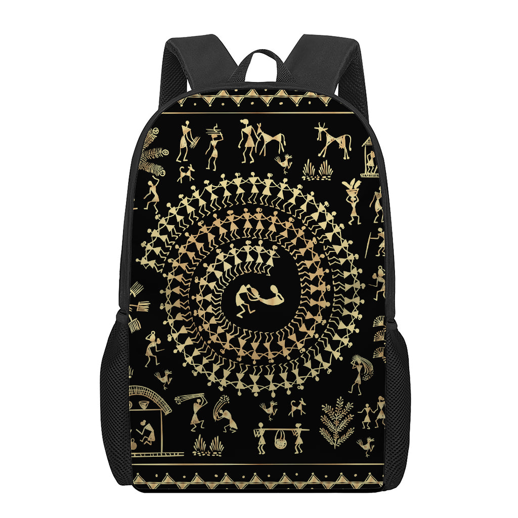 Black And Gold Warli Tribal Print 17 Inch Backpack