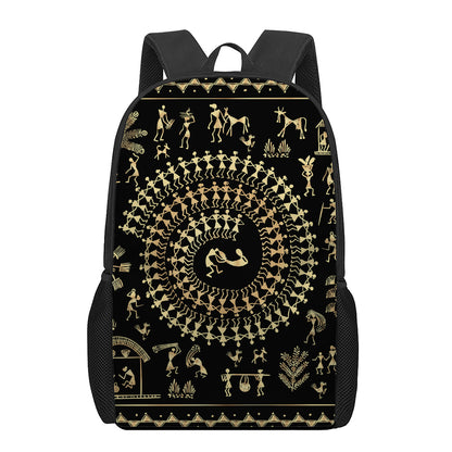 Black And Gold Warli Tribal Print 17 Inch Backpack