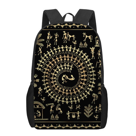Black And Gold Warli Tribal Print 17 Inch Backpack