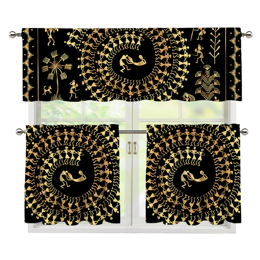 Black And Gold Warli Tribal Print 3 Piece Kitchen Curtains