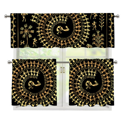 Black And Gold Warli Tribal Print 3 Piece Kitchen Curtains