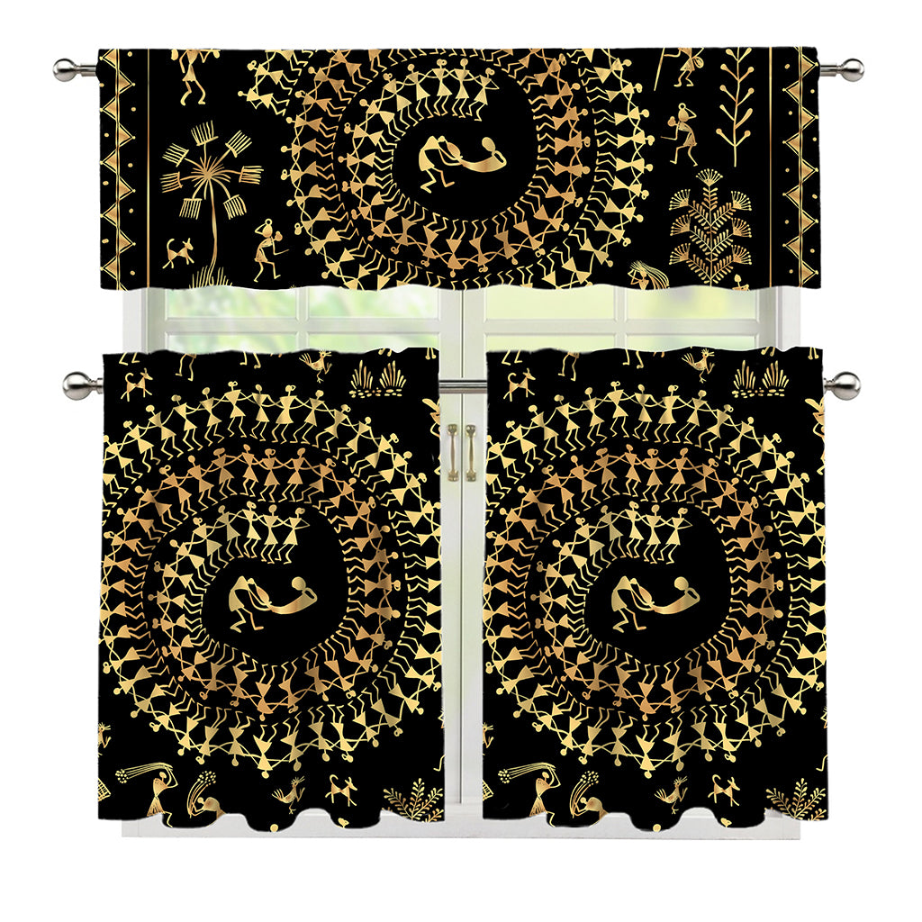 Black And Gold Warli Tribal Print 3 Piece Kitchen Curtains