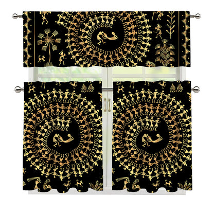 Black And Gold Warli Tribal Print 3 Piece Kitchen Curtains