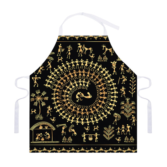Black And Gold Warli Tribal Print Adjustable Apron