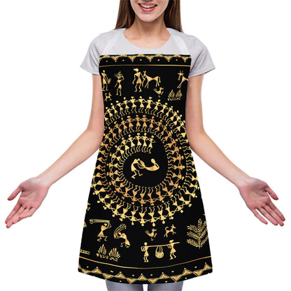 Black And Gold Warli Tribal Print Adjustable Apron