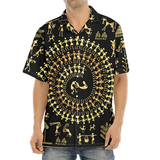 Black And Gold Warli Tribal Print Aloha Shirt