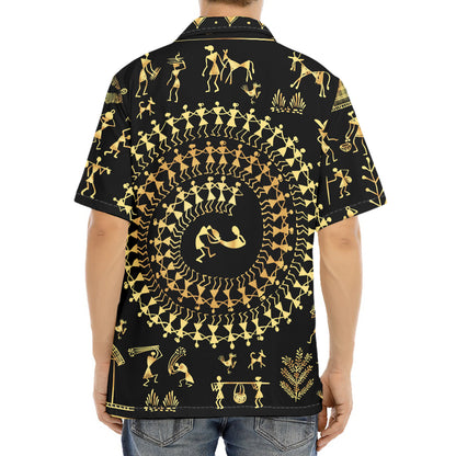 Black And Gold Warli Tribal Print Aloha Shirt