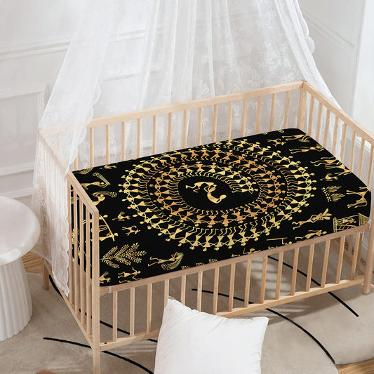 Black And Gold Warli Tribal Print Baby Crib Sheet