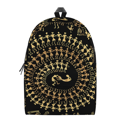 Black And Gold Warli Tribal Print Backpack