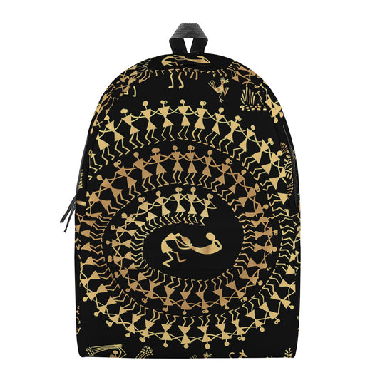 Black And Gold Warli Tribal Print Backpack